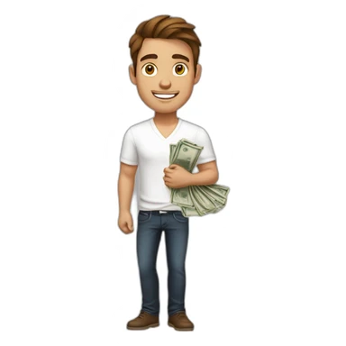 A young fit man with a white shirt with forward Brown hair and beige skin and with money in his hand sticker
