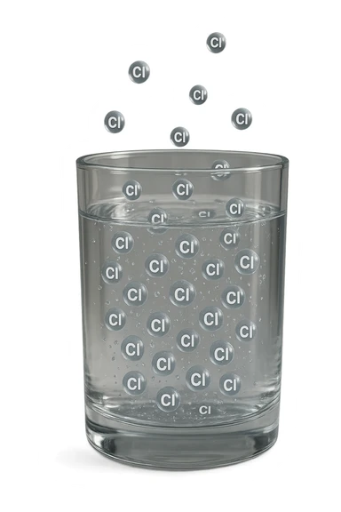 un bicchiere di acqua fluttua in aria realistico e dettagliato, dentro l'acqua del bicchiere ci sono particelle di cloro ben visibili con la scritta "Cl" sopra, ci sono particelle anche che escono dal bicchiere e fluttuano in aria verticalmente, mentre alcune sono all'interno dell'acqua nel bicchiere, iperrealistico 4k sticker