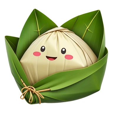 Rice dumpling Zongzi wrapped in bamboo leaves, simplified emoji style with bold outlines and bright colors, cartoon style sweet glutinous rice treat sticker