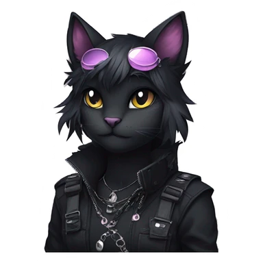 Gorgeous furry dark punk techwear anime style anthro black cat fursona with blushing face aesthetic and pretty edgy black with collar and harness trending style sticker