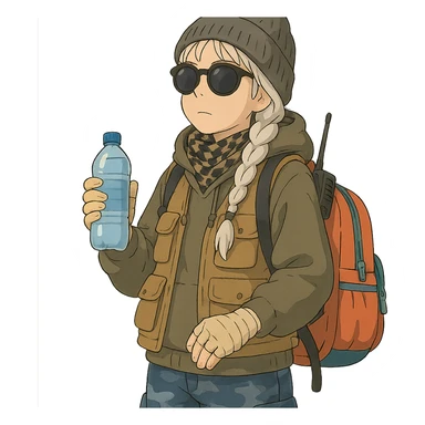 1 female, long white braid, knit cap, dark sunglasses, shemegh neckwrap, fishing vest, vibrant shool backpack, drab hoodie, handwraps, blue camo pants, handheld radio clipped to shoulderstrap of backpack, unkempt, holding a bottle of water sticker