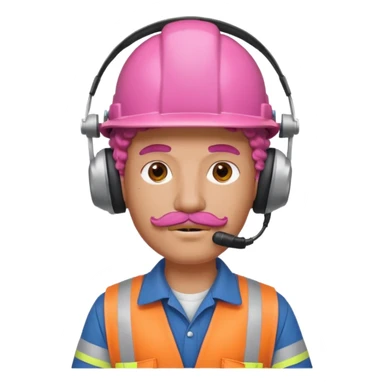 construction worker with pink curly hair and protective headphones and mustache sticker
