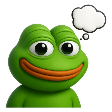 make a pepe in bright green smiling and looking straight at the camera with thought bubble looking at right right in 3d style, good highlights and shadows, drop shadows sticker