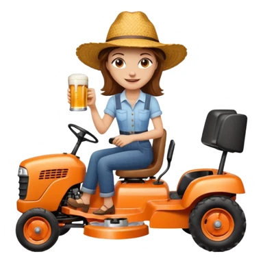 White woman with brown hair, without glasses wearing a straw hat, on old orange ride on lawn mower, holding a beer with one hand and holding the steering wheel with the other hand. Woman is smiling. Lawn mower brand is called “Westwood” sticker