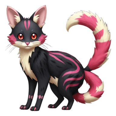 Hyper realistic  void-black fur haunted by crimson neon pulse-lines like living circuitry beautiful elegant pretty precious cute  Fakémon-Pokémon-opossum-feline-serval-caracal-chinchilla-Furret-Minccino-hybrid-creature with a big fluffy bushy tail (full body) sticker