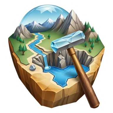 An icon featuring a rock hammer, a fossil, and a geological map, symbolizing geology. The design includes layers of the Earth, a crystal, and a mountain range, representing the study of Earth's structure, materials, and natural processes. Transparent background highlights geological research sticker