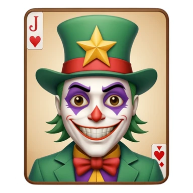 1 poker card, perfectly squared card, with crazy colorful human jolly joker inside, star symbol with a "J" sticker