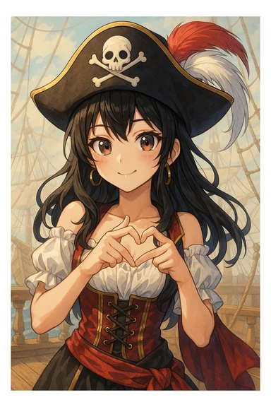 a girl pirate with black hair doing a Korean heart sign with her hands, detailed anime style sticker