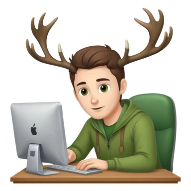 White Guy works at computer with deers antlers, green clothes, brown eyes  sticker