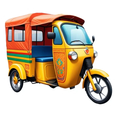 Cinematic Realistic image of a colorful auto rickshaw, rendered with detailed textures and lively, bold hues, set on a bustling urban street with dynamic, vibrant lighting that emphasizes its iconic role sticker