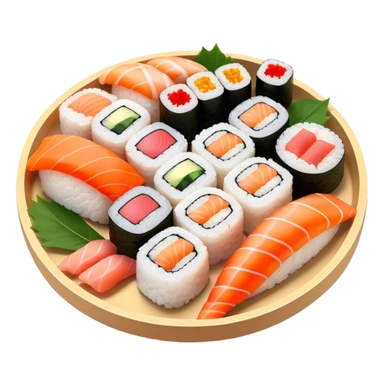 Cinematic Realistic Sushi Dish Emoji, depicted as an artful arrangement of fresh sushi with vibrant colors rendered with lifelike textures and delicate, natural lighting. sticker