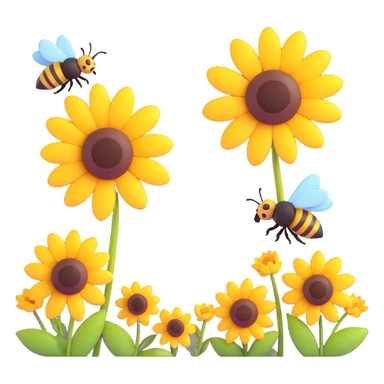 Two bees flying above yellow flowers with a sun in the background sticker