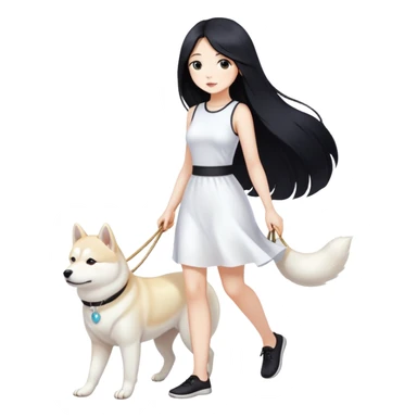 A beautiful girl with long black hair walks a white Shiba Inu sticker