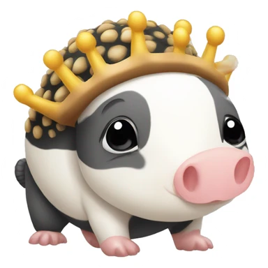 Black and white piebald chubby round armadillo pig panda centipede armadillo wearing a crown sticker