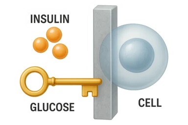 symbolic icon of insulin resistance, no background, 2:3 aspect ratio, representing insulin, glucose, and a barrier preventing entry into cells, realistic style sticker