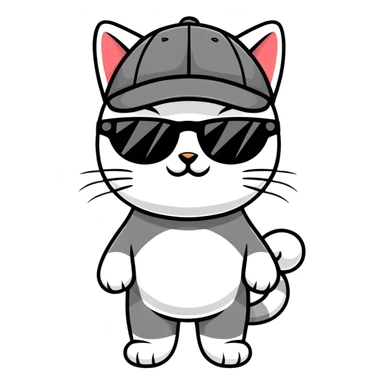 A cat wearing sunglasses and a cap sticker