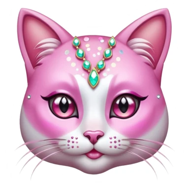 glamorous cat portrait, head and shoulders only, exaggerated pink makeup, bright eyeshadow, long eyelashes, shiny blush cheeks, sparkling face gems, glitter accents, elegant earrings, fantasy beauty style, cute 3D cartoon, mobile game icon style, clean background, no text, no watermark
 sticker