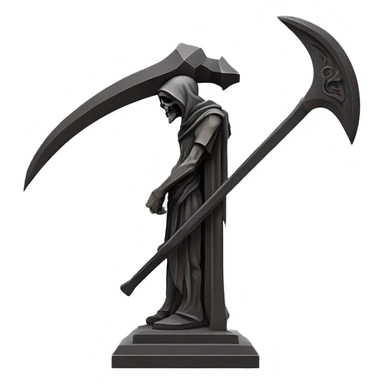 Stone sculpture Reaper scythe with a geometric, faceted design. The scythe is standing upright on a base with angular and baroque features. The vibrant midtone subtlety of dark neutrals highlights the sharp edges and planes.  sticker