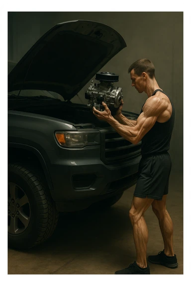 a lean, slimmed-down bodybuilder in gym clothes stands beside a large, imposing car (like an SUV or luxury sedan) with the hood open. Con attenzione e un po’ di fatica, solleva e installa un piccolo motore nel grande vano motore dell’auto. Il contrasto tra la stazza dell’auto e la dimensione ridotta sia del motore che del bodybuilder è evidente. L’atmosfera è riflessiva e simbolica. sticker