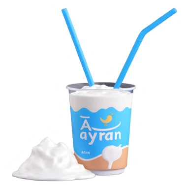 A small carton of Turkish yogurt drink (ayran) with a straw, white and blue packaging sticker