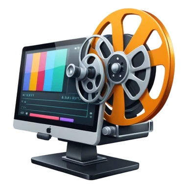 Create a vibrant and modern icon representing Animation and Motion Design, featuring elements like a film reel, a computer screen, dynamic motion lines, and a cinematographic film strip on an editing table. The design should be colorful, and dynamic, without any emojis. The background's transparent. sticker
