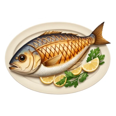 create a Whole good brownish Grilled Fish Camera angle: slightly elevated top-down view with a gentle bird’s-eye perspective (about 15–20°), identical perspective and scaled do not add anything on plate

 sticker