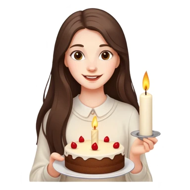 happy beautiful pale brunette girl with long hair holding a piece of cake with candle sticker