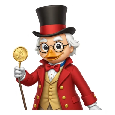 A detailed emoji of Scrooge McDuck, the iconic Disney character, wearing his signature top hat, round glasses, and red coat. He has a stern yet comical expression, holding a large gold coin in one hand and a cane in the other. The background is a sub sticker