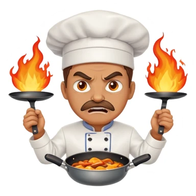 angry chef with flames in eyes, confidently crossing two frying pans across chest sticker