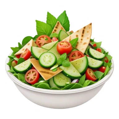 Cinematic Realistic Fattoush Salad Dish Emoji, depicted as a colorful medley of greens, tomatoes, cucumbers, and crispy pita rendered with vibrant textures and refreshing lighting. sticker