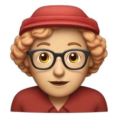 Old lady with red hair and glasses with cap and green mcdonaldsuniform sticker