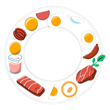 Close-up of glowing muscle fibers only, semi-transparent and pulsating with energy. Protein food icons (meat, egg, beans, tofu, yogurt) orbit around the muscle fibers in a warm energetic circle. sticker