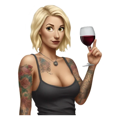 Blonde women in, her body covered with tattoos, wine in her one hand, pointing on you with her other hand , Hyper realistic  sticker