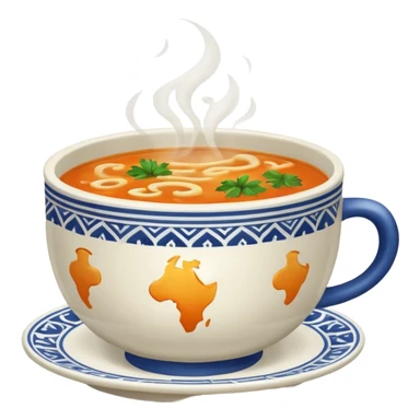 a cup of soup with world pattern sticker