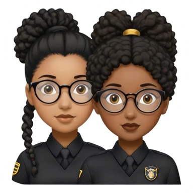 femme pilote d'avion en uniforme noir aux cheveux bouclés noir et petites lunettes arrondis identique avec des cheveux très long et la peau noir mais légèrement plus claire avec les cheveux attachés in a ponytail 1 seule personne, cheveux moins épais  sticker