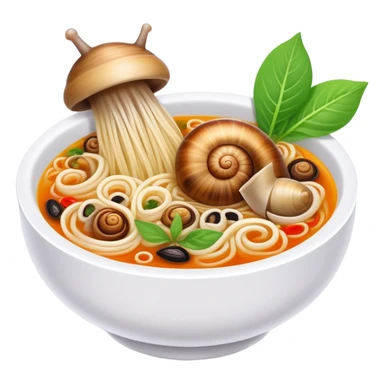 Liuzhou Snail Rice Noodles spicy soup with river snails, simplified emoji style with bold outlines and bright colors, cartoon style Guangxi specialty food sticker