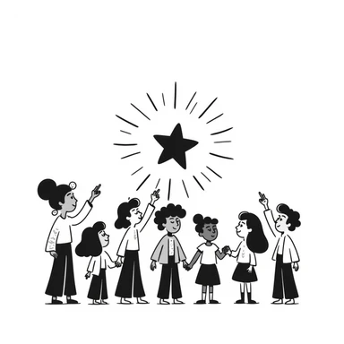 hand-drawn warm illustration of a teacher as a guiding North Star, radiating gentle light and surrounded by people looking up for guidance sticker