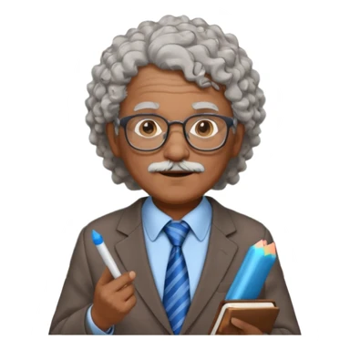 old man teacher, brown skin, curly grey white hai, wearing glasses, brown suit, blue tie hold chalk on hand sticker