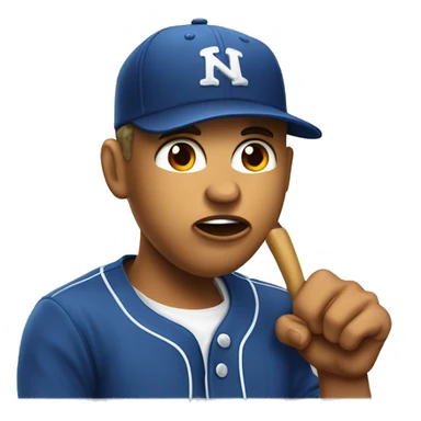 Huge with backwards baseball hat biting lip and pointing to his cheeck sticker