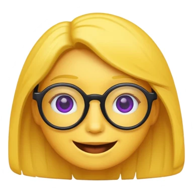 un emojis amarillo, con el cabello negro corto lacio,   con lentes violeta y una sonrisa sticker