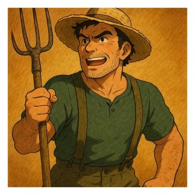 highly detailed illustration of a robust middle-aged farmer with sun-bleached face, black hair, strong jaw, furrowed brow, three-day beard, green trousers with suspenders, green T-shirt, straw hat, clutching rustic pitchfork, determined and excited, warm golden-brown textured background, bold lines, vibrant earth tones, dramatic lighting, rural America sticker
