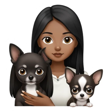 Thai woman with long straight black hair next to a small black and white Chihuahua puppy sticker