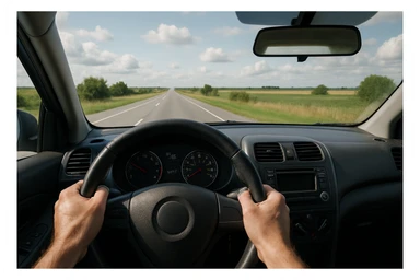first person view of driving a car, hands on steering wheel, dashboard visible, road ahead, immersive perspective sticker