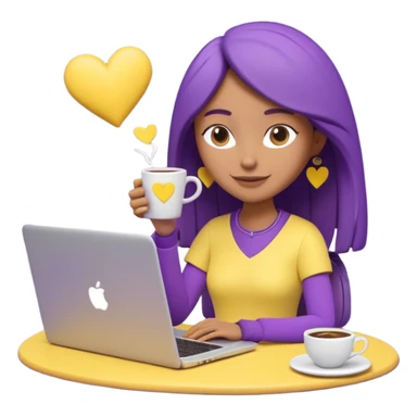 3D clay character relaxed with laptop and coffee, floating icons (envelope, heart, dollar), purple (#8B5CF6) outfit, bright yellow (#FBBF24) icons, white laptop, Pixar style, transparent background sticker