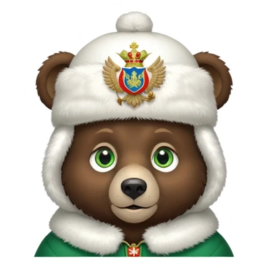 Very cute dark brown bear face with big green eyes and sweet expression, wearing a completely white fur hat with the Russian Federation coat of arms (double-headed eagle) in the center sticker