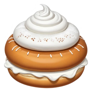 A bun with visible whipped cream in the middle beteween two bun halves and powdered sugar on top sticker