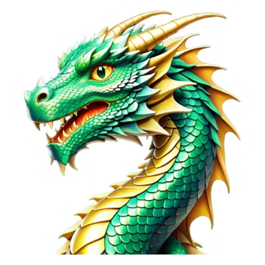 cinematic-noble-dragon-portrait-emoji,-poised-and-majestic,-with-a-sinuous,-elongated-body-covered-in-intricately-detailed,-shimmering-scales-in-hues-of-emerald-and-gold,-and-piercing,-fiery-eyes-that-reflect-ancient-wisdom; sticker