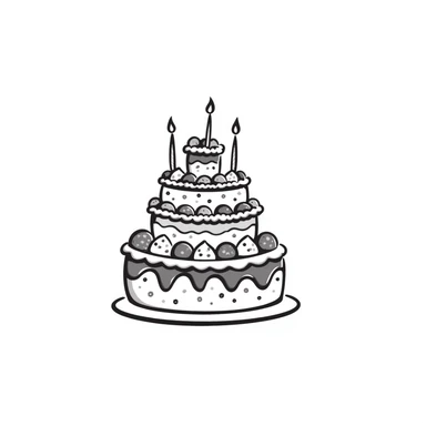 Decorated cake with multiple layers, frosting, and decorative elements. Using specific pastel colors (dd9fb0, ffc6d3, a3bfc9, c4bee2, f1b091). Hand-drawn doodle style with intricate details of icing, sprinkles, and possibly candles or berries. Transparent background. sticker