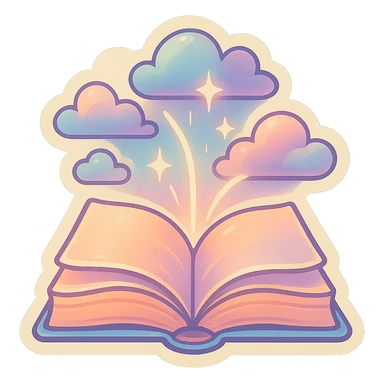 open book with clouds and glowing lines, retro stickers style, pastel palette #98B5BC, #B5B3C1, #C9A3C9, #E4C0CA, #F7DCD1, #F7C0AA, detailed shadows and highlights, soft lighting, transparent background, no decorative elements sticker