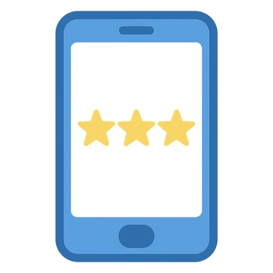 Smartphone icon, flat emoji style, outline with blue and turquoise colors, screen showing three gold/yellow stars aligned in a horizontal row, white background sticker